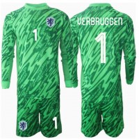 Holandsko Bart Verbruggen #1 Brankarsky Domáci Detský futbalový dres ME 2024 Dlhy Rukáv (+ trenírky)